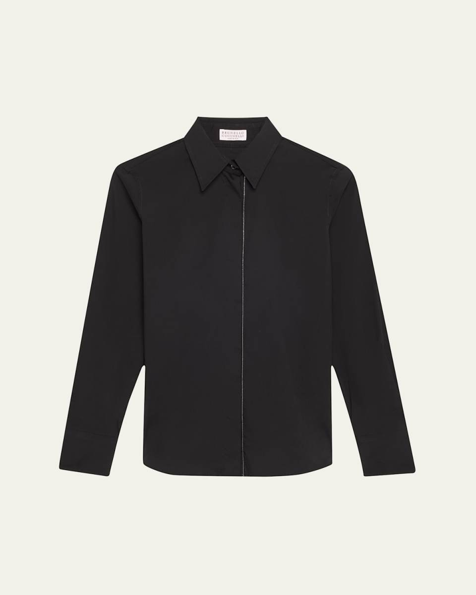 Monili Trim Down Placket Poplin Top